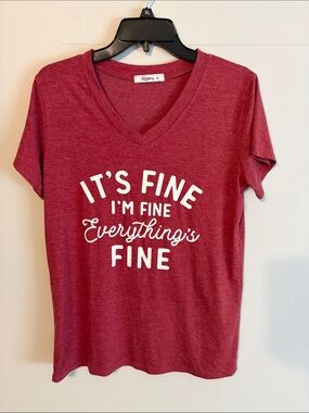 Kikiberry Maroon  V-Neck Tee with White Script Graphic. Med.